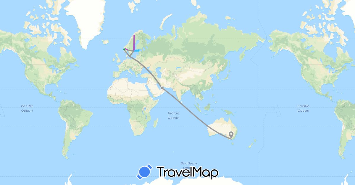 TravelMap itinerary: driving, bus, plane, train, boat in United Arab Emirates, Australia, Denmark, Estonia, Finland, Norway, Sweden (Asia, Europe, Oceania)